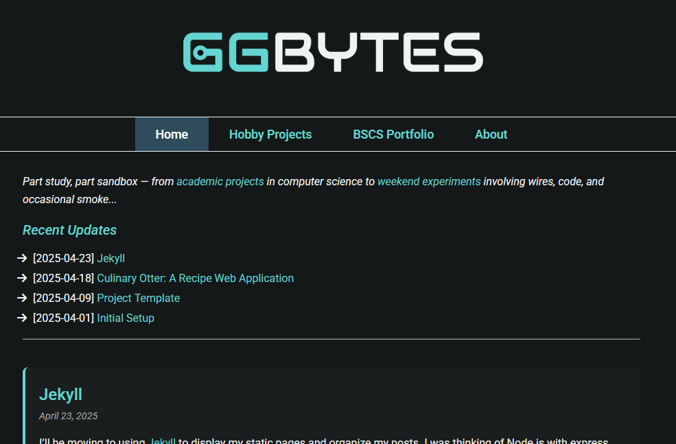 First-generation site: a centered GGBYTES wordmark above a horizontal navigation bar